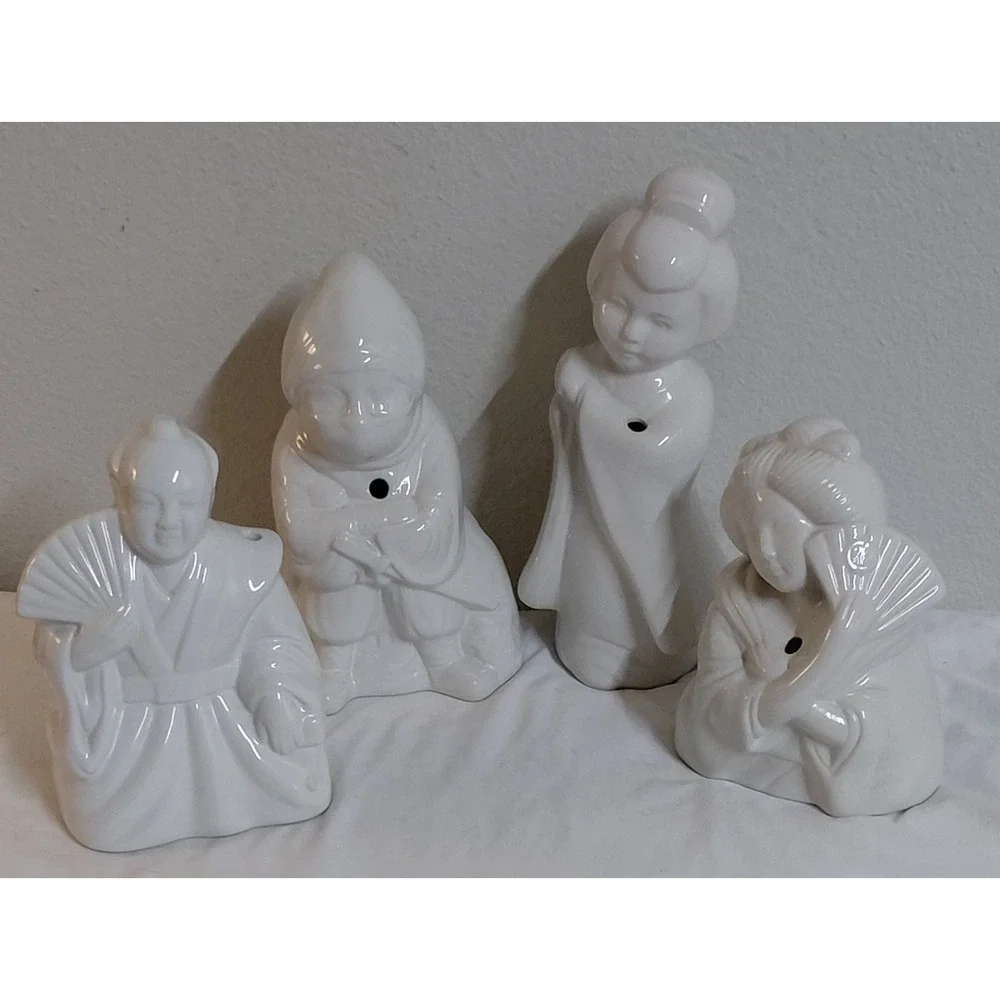 Vintage White Ceramic Tiki Mug Lot of 4 - Benihana Style Japanese Figurines